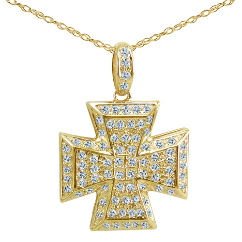 Maltese Pave Set Round Cross Pendant with lab grown diamond alternative cubic zirconia in 14k yellow gold.