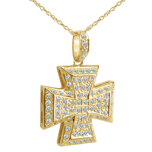Maltese Pave Set Round Cross Pendant with lab grown diamond look cubic zirconia in 14k yellow gold.
