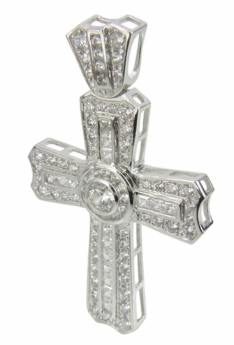 Vicenza Cross Pendant with pave set round and channel set princess cut lab grown diamond look cubic zirconia in 14k white gold.