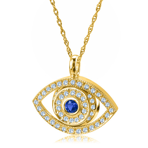 Protective Evil Eye Pave Man Made Sapphire Gemstone Pendant with lab grown diamond look cubic zirconia in 14k yellow gold.
