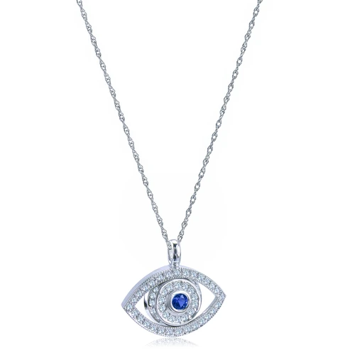 Protective Evil Eye Pave Man Made Sapphire Gemstone Pendant with lab grown diamond look cubic zirconia in 14k white gold.