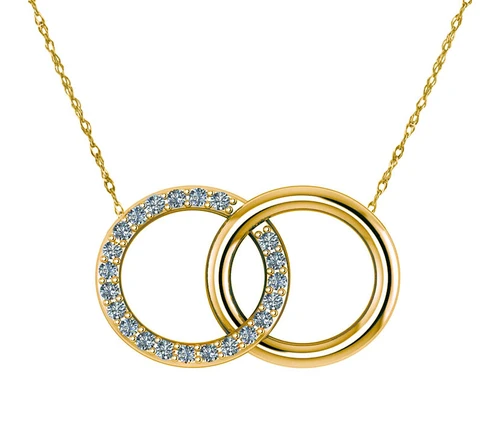 Couples Interlocking Marriage Double Open Circle Pave Pendant Necklace with lab grown diamond quality cubic zirconia in 14k yellow gold.