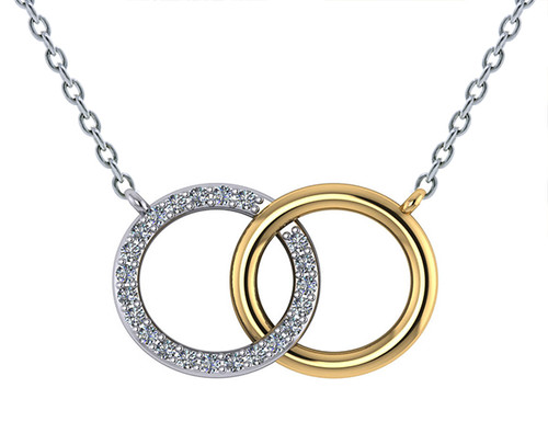 Interlocking Double Open Circle Pave Marriage Pendant Necklace with lab grown diamond simulant cubic zirconia in 14k two tone gold.