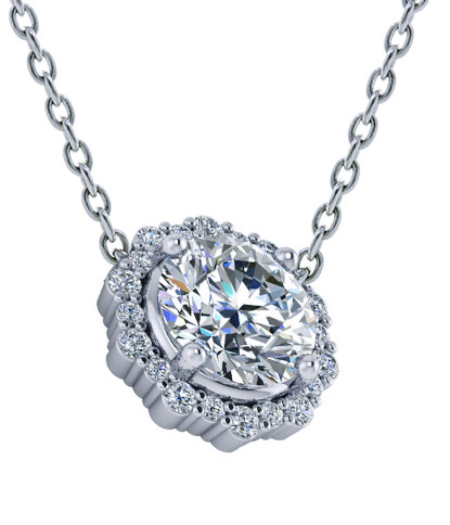 Aurelia 1 Carat Round Prong Set Halo Scalloped Pendant Necklace with lab grown diamond quality cubic zirconia in 14k white gold.