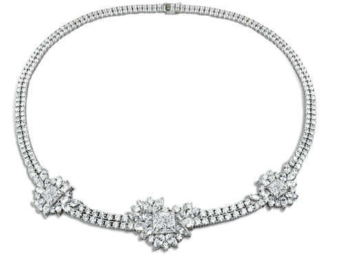 Monacco Princess Cut Marquise Round Cluster Statement Necklace with lab grown diamond simulant cubic zirconia in 14k gold.