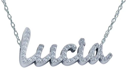 Personalized prong set round lab grown diamond look cubic zirconia name necklace in 14k white gold.