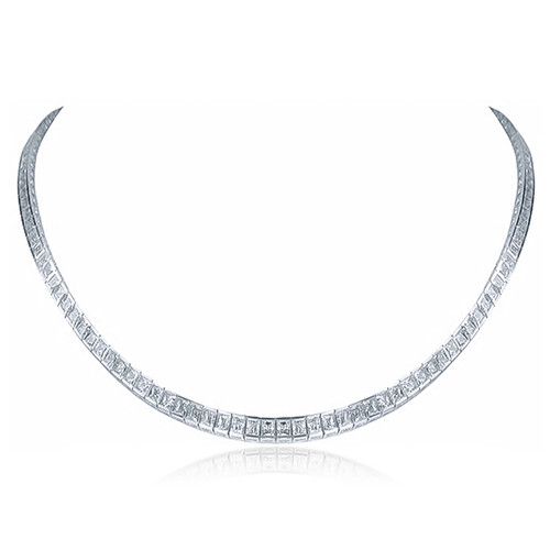 Princessa Princess Cut Semi Bezel Set Tennis Necklace with lab grown diamond quality cubic zirconia in 14k white gold.