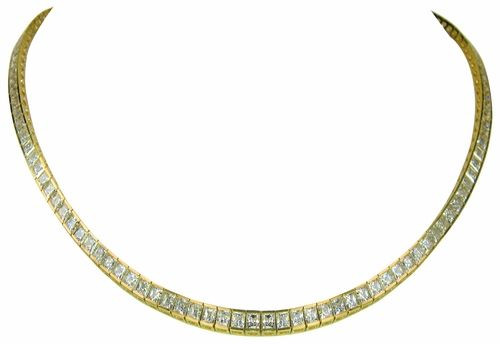 Princessa Princess Cut Semi Bezel Set Tennis Necklace with lab grown diamond simulant cubic zirconia in 14k yellow gold.