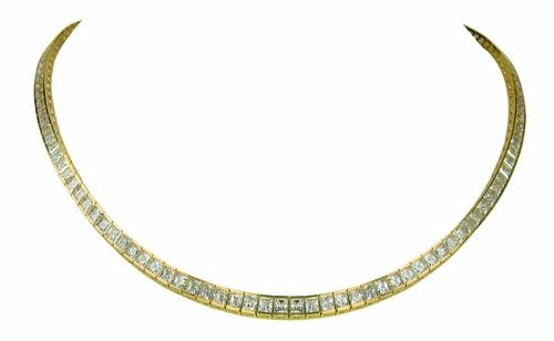 Princessa Princess Cut Semi Bezel Set Tennis Necklace with laboratory grown diamond look cubic zirconia in 14k yellow gold.