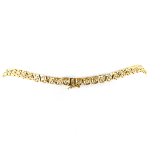 Sarento Graduated Prong Set Round Scalloped Tennis Necklace with lab grown diamond alternative cubic zirconia in 14k yellow gold.