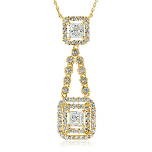 Fortuna .75 Carat Cubic Zirconia Princess Cut Double Halo Drop Necklace with lab grown diamond look cubic zirconia in 14k yellow gold.