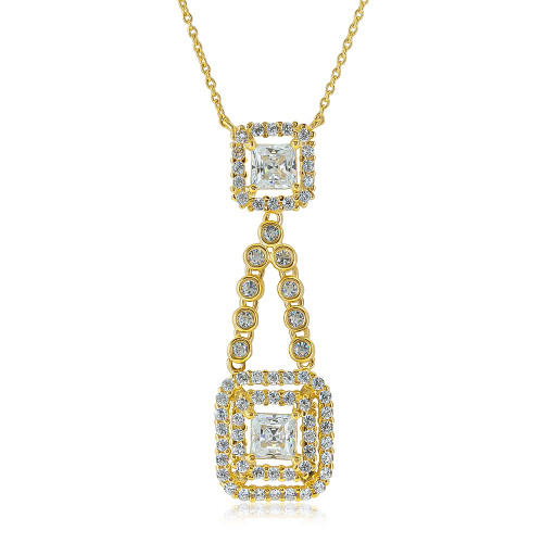 Fortuna .75 Carat Cubic Zirconia Princess Cut Double Halo Drop Necklace with lab grown diamond alternative cubic zirconia in 14k yellow gold.