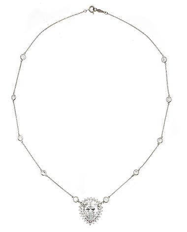 The Astor 8 Carat Pear Center Halo Station Necklace with lab grown diamond simulant cubic zirconia in 14k white gold.