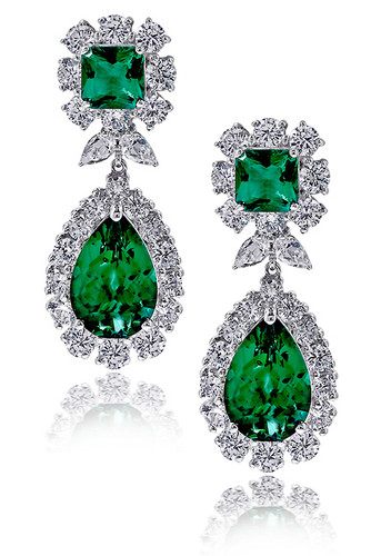 Pear 6 carat halo lab grown diamond look cubic zirconia princess cut drop earrings in 14k white gold.