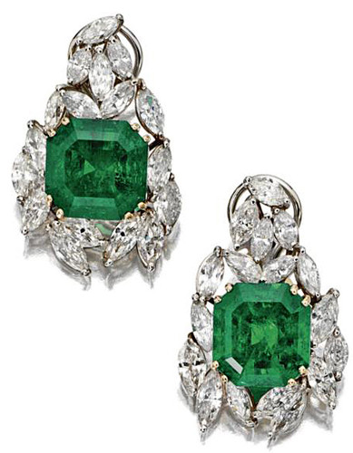 Cushion cut 8.5 carat lab grown diamond look cubic zirconia marquise cluster earrings in 14k white gold.