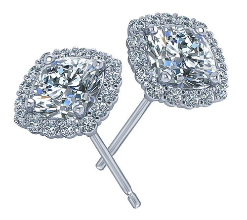 Diamond Halo Stud Earrings, White Gold Cushion Cut