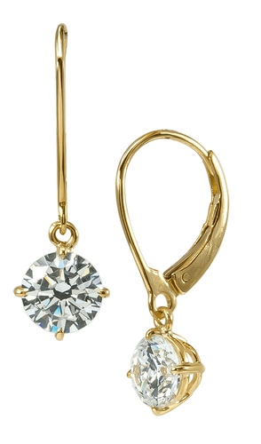 Round .75 carat each lab grown diamond alternative cubic zirconia basket set dangle leverback drop earrings in 14k yellow gold.