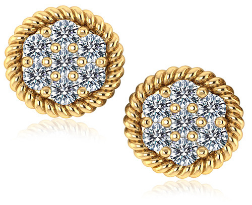 Chantel twisted rope style laboratory grown diamond simulant cubic zirconia pave cluster earrings in 14k yellow gold.