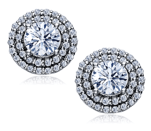 Carousel 1 carat each round double halo pave laboratory grown diamond look cubic zirconia earrings in 14k white gold.