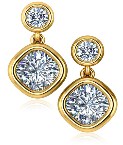 Chateau round and cushion cut laboratory grown diamond look cubic zirconia bezel drop earrings in 14k yellow gold.