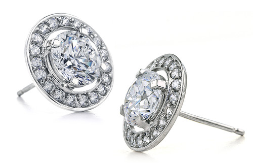 Parliament 1.25 carat round lab grown diamond alternative cubic zirconia halo pave stud earrings in 14k white gold.