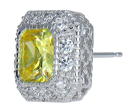Chaumont princess cut bezel set lab grown diamond alternative cubic zirconia pave halo earrings in 14k white gold.