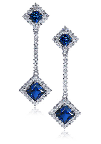 Princess cut sapphire lab grown diamond look cubic zirconia pave set round halo drop earrings in 14k white gold.