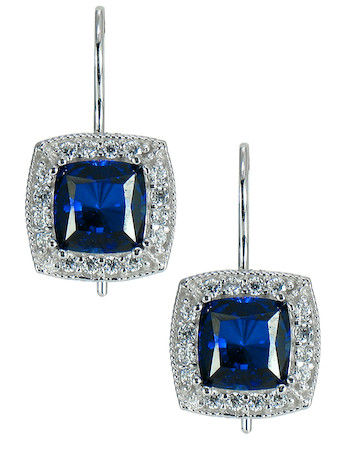 Krizzia 1 carat cushion cut man made sapphire gemstone halo pave drop earrings in 14k white gold.