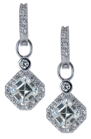 Ossanna 1 carat asscher cut lab grown diamond quality cubic zirconia halo drop earrings in 14k white gold.