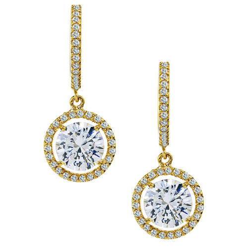 LaRue 1.5 carat round halo micro pave set lab grown diamond alternative cubic zirconia drop earrings in 14k yellow gold.