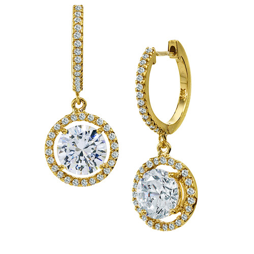 LaRue 1.5 carat round halo micro pave set lab grown diamond look cubic zirconia drop earrings in 14k yellow gold.