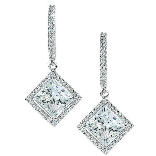 LaRue halo lab grown diamond look cubic zirconia micro pave 1.5 carat princess cut drop earrings in 14k white gold.