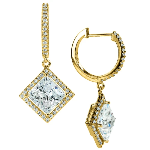 LaRue halo lab grown diamond simulant cubic zirconia micro pave 1.5 carat princess cut drop earrings in 14k yellow gold.
