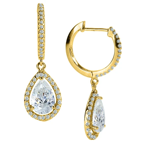 LaRue halo laboratory grown diamond simulant cubic zirconia micro pave 1.5 carat pear drop earrings in 14k yellow gold.