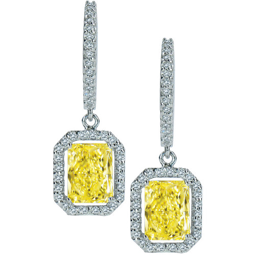 LaRue halo yellow canary lab grown diamond alternative cubic zirconia micro pave 1.5 carat radiant emerald cut drop earrings in 14k white gold.