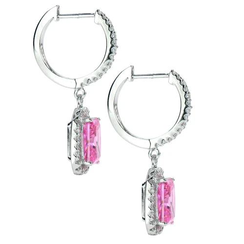 LaRue halo pink lab grown diamond look cubic zirconia micro pave 1.5 carat radiant emerald cut drop earrings in 14k white gold.