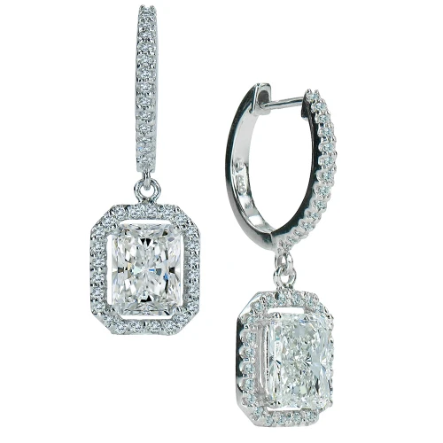 LaRue halo laboratory grown diamond simulant cubic zirconia micro pave 1.5 carat radiant emerald cut drop earrings in 14k white gold.