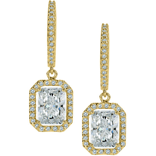 LaRue halo laboratory grown diamond simulant cubic zirconia micro pave 1.5 carat radiant emerald cut drop earrings in 14k yellow gold.