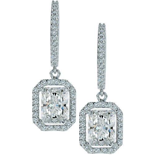 LaRue halo laboratory grown diamond simulant cubic zirconia micro pave 1.5 carat radiant emerald cut drop earrings in 14k white gold.