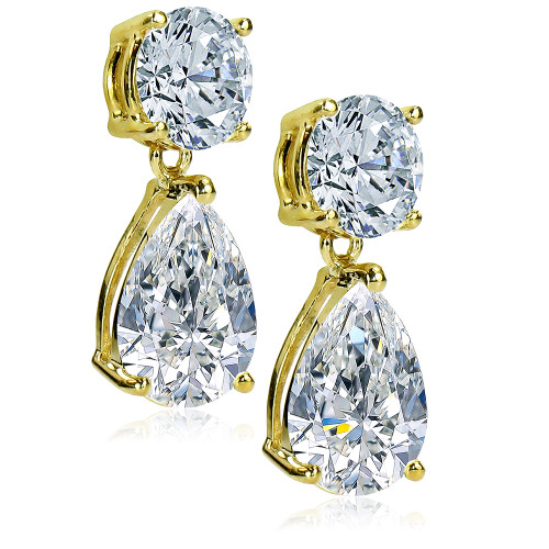 Oprah drop earrings .75 carat round top and 2 carat pear shape lab grown diamond look cubic zirconia drop set in 14k yellow gold.