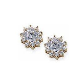 Round 1 carat each cluster stud lab grown diamond look cubic zirconia earrings in 14k yellow gold.