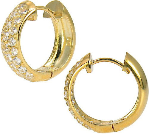 Hubolt wide lab grown diamond quality cubic zirconia pave set huggie hoop earrings in 14k yellow gold.