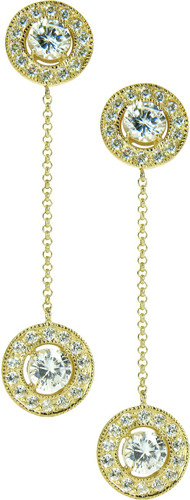 Allepo double halo .50 carat each laboratory grown diamond simulant cubic zirconia round drop earrings in 14k yellow gold.