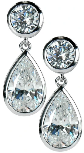 Giorgio bezel set pear and round lab grown diamond simulant cubic zirconia dangle drop earrings in 14k white gold.