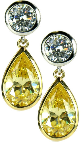 Giorgio bezel set canary pear and round lab grown diamond alternative cubic zirconia dangle drop earrings in 14k two tone gold.