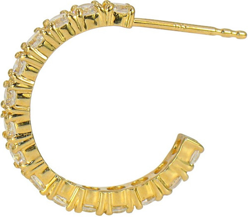 Jolie prong set lab grown diamond simulant cubic zirconia round hoop earrings in 14k yellow gold.