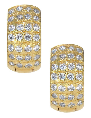 Arellia wide four row lab grown diamond simulant cubic zirconia pave set huggie hoop earrings in 14k yellow gold.