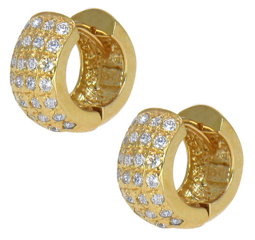 Arellia wide four row lab grown diamond alternative cubic zirconia pave set huggie hoop earrings in 14k yellow gold.