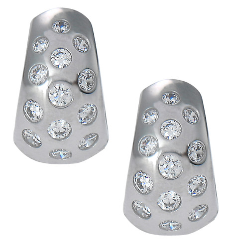 Andrea round burnish set huggie hoop earrings lab grown diamond alternative cubic zirconia in 14k white gold.