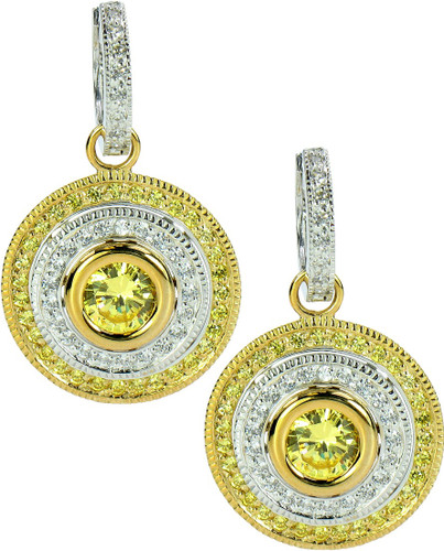 Cleopatra canary lab grown diamond simulant cubic zirconia 1 carat round two tone double halo drop earrings in 14k two tone gold.